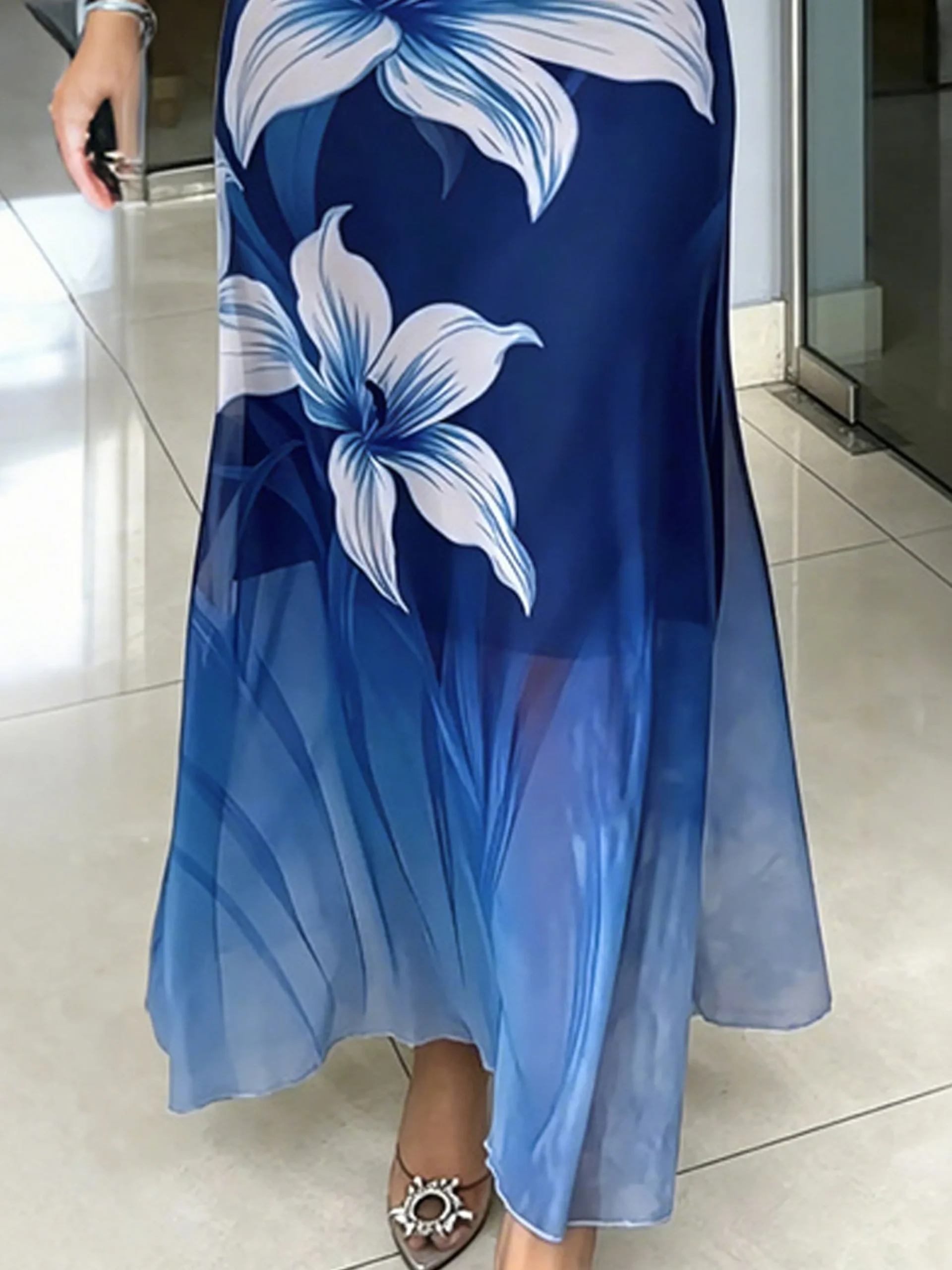 Elegant Floral Printing Stand Collar Maxi Dress
