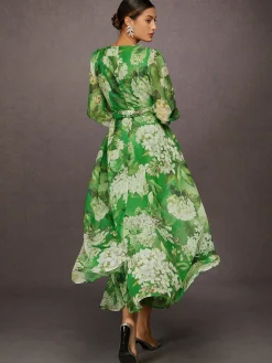 Elegant Floral Printing V-Neck Maxi Dress