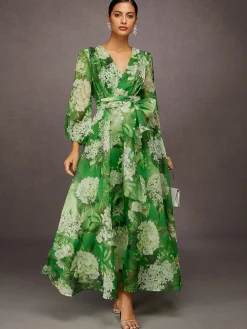 Elegant Floral Printing V-Neck Maxi Dress