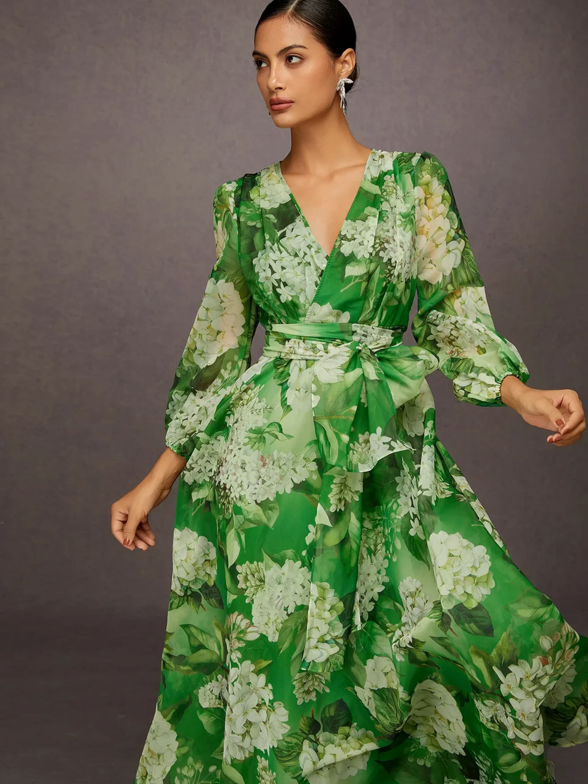 Elegant Floral Printing V-Neck Maxi Dress