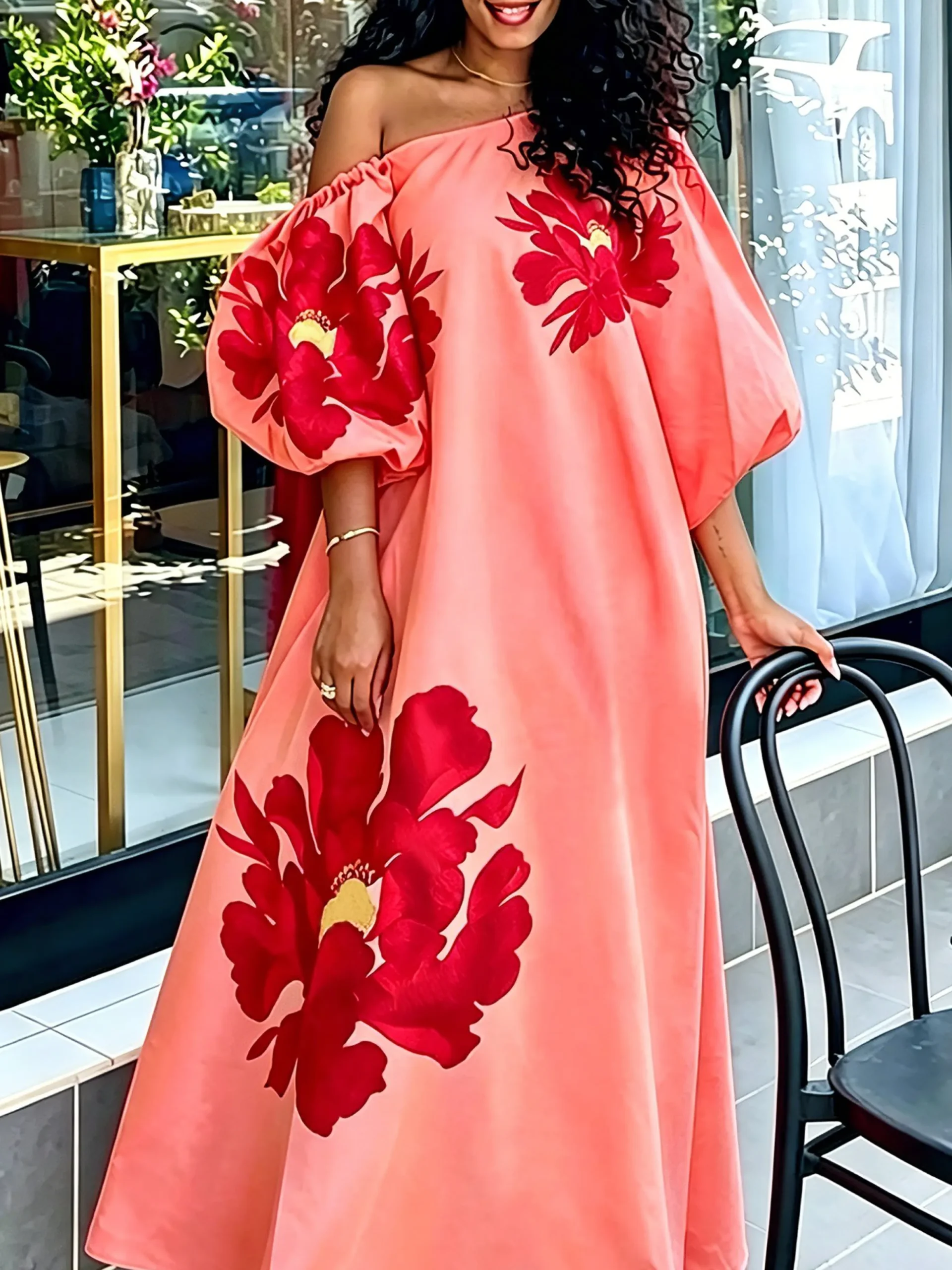 Elegant Floral Puff Sleeve Printing Asymmetrical Maxi Dress