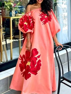 Elegant Floral Puff Sleeve Printing Asymmetrical Maxi Dress