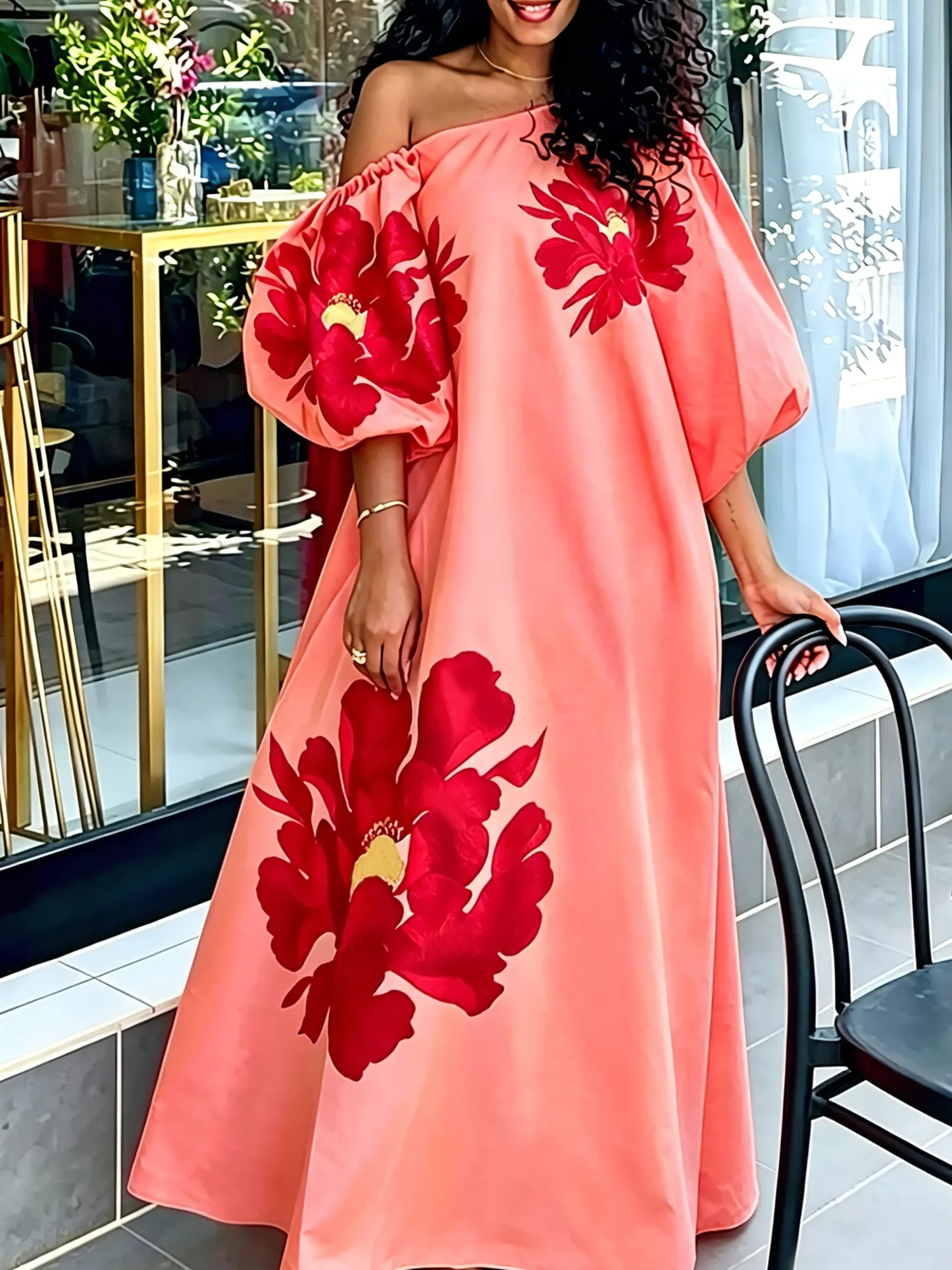 Elegant Floral Puff Sleeve Printing Asymmetrical Maxi Dress