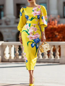 Elegant Floral Puff Sleeve Printing Boat Neck Midi Dress