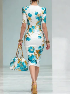 Elegant Floral Sheath Short Sleeve Round Neck Midi Dress