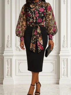 Elegant Floral Shirt Collar Shirt Belt