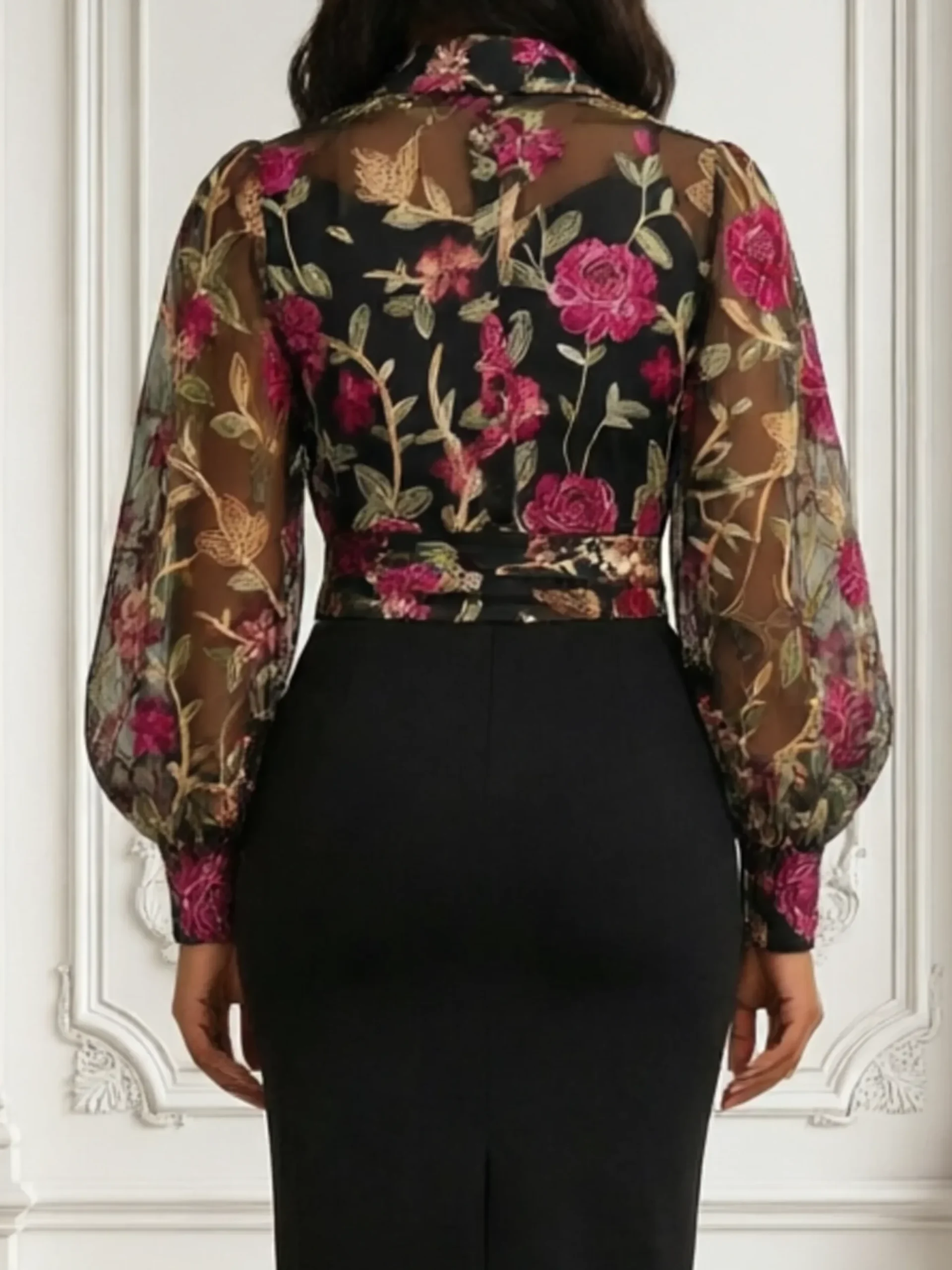 Elegant Floral Shirt Collar Shirt Belt