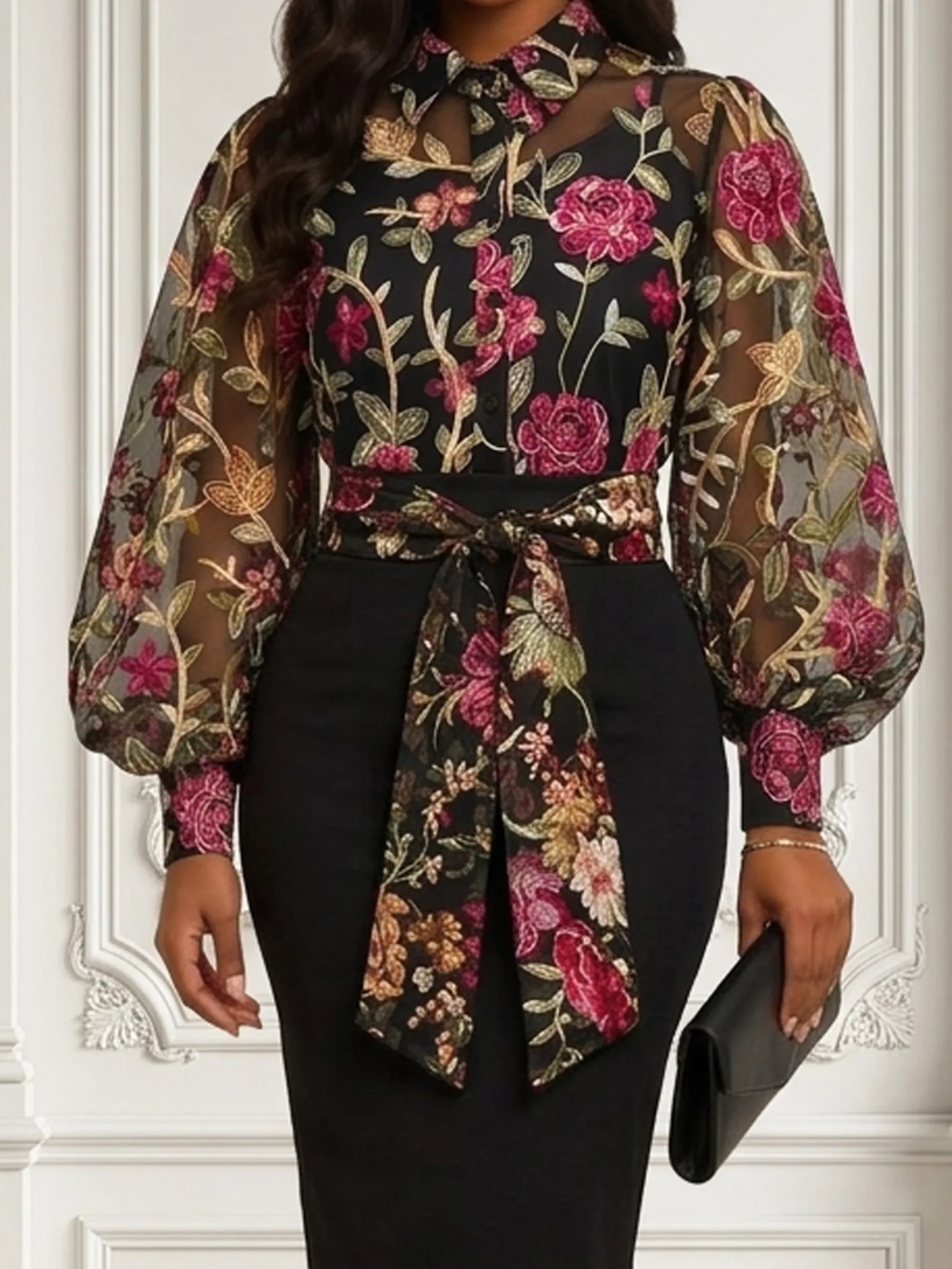 Elegant Floral Shirt Collar Shirt Belt