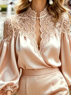 Elegant Floral Split Joint Stand Collar Balloon Sleeve Blouse