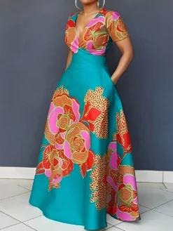 Elegant Floral V Neck Short Sleeve Dress