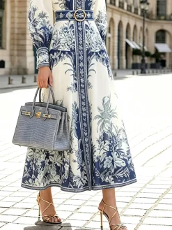 Elegant Geometric Balloon Sleeve Maxi Dress With Belt