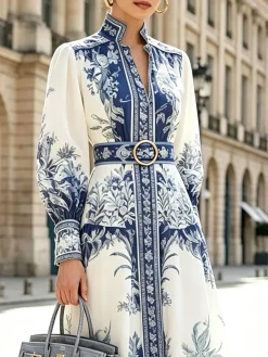 Elegant Geometric Balloon Sleeve Maxi Dress With Belt