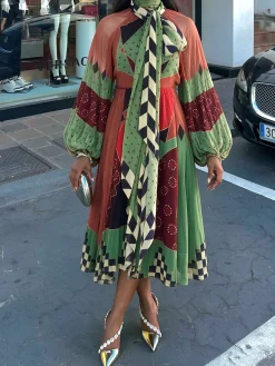 Elegant Geometric Balloon Sleeve Printing Tie Neck Maxi Dress
