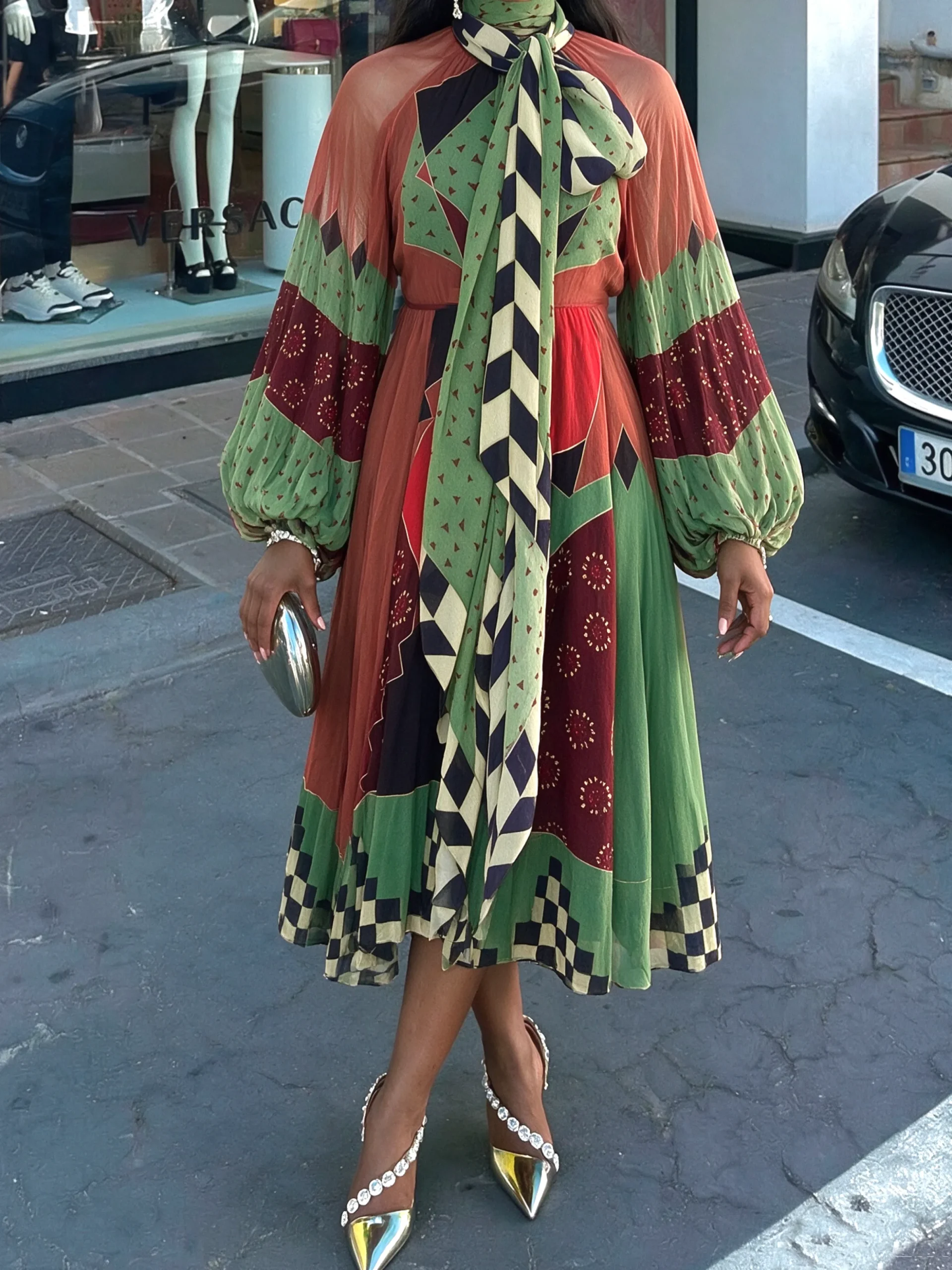 Elegant Geometric Balloon Sleeve Printing Tie Neck Maxi Dress