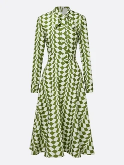 Elegant Geometric Mock Neck Midi Dress