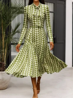 Elegant Geometric Mock Neck Midi Dress