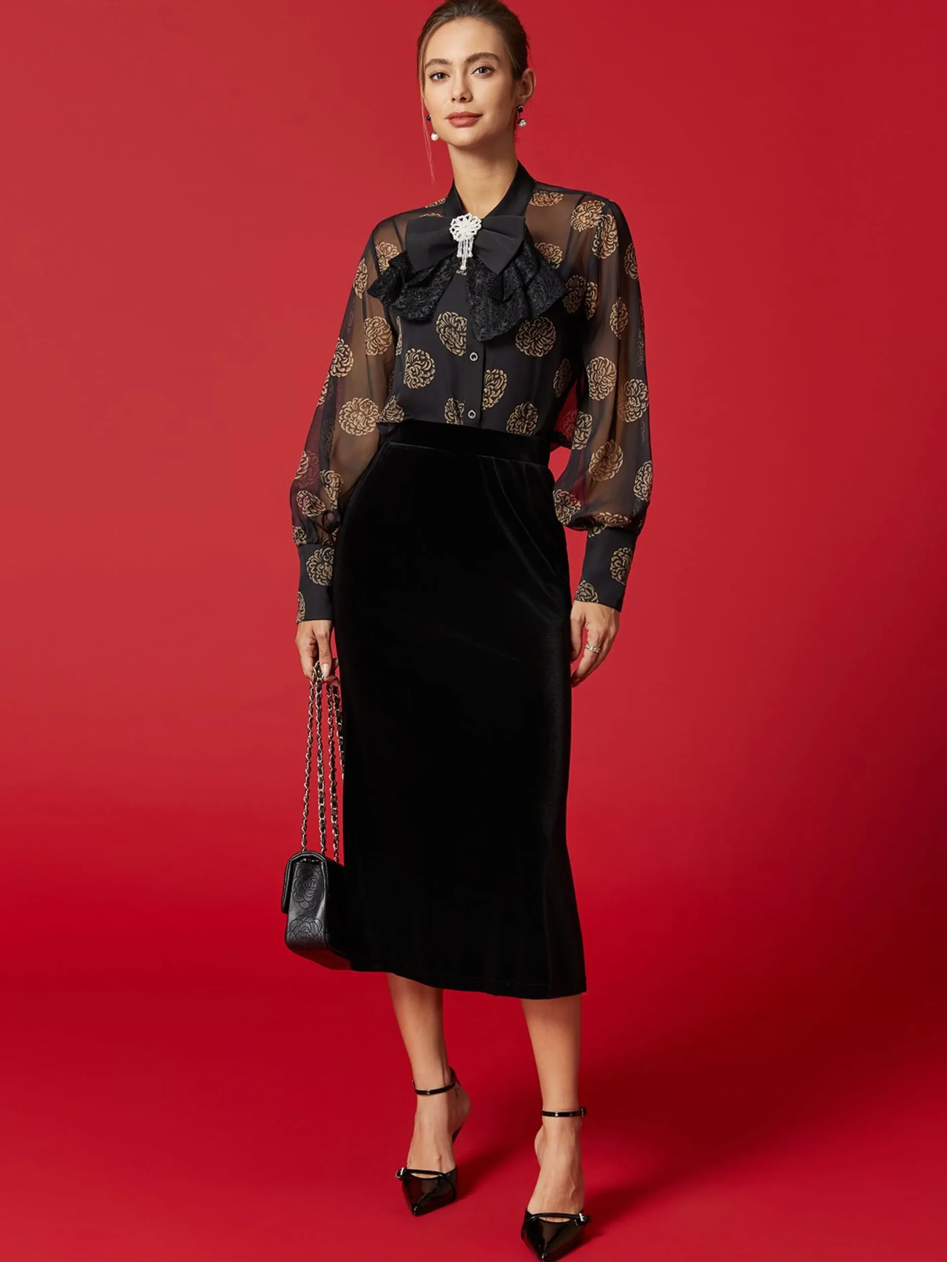 Elegant Geometric Printing Stand Collar Shirt