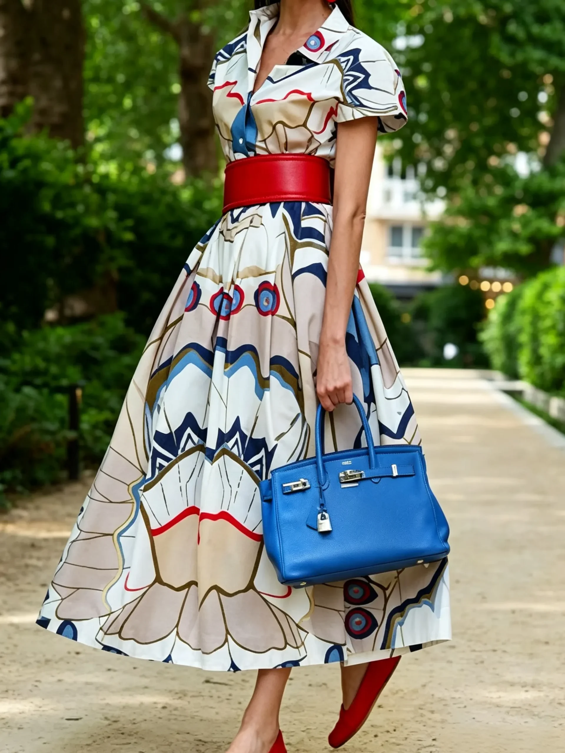 Elegant Geometric Printing Shawl Collar Maxi Dress No Belt