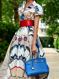 Elegant Geometric Printing Shawl Collar Maxi Dress No Belt