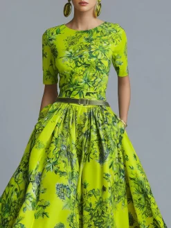Elegant High Waist Maxi Dress X-Line Crew Neck Summer Event