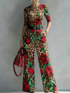 Elegant Leopard Floral Printing Wide Leg Pants