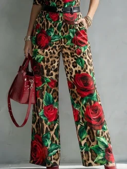 Elegant Leopard Floral Printing Wide Leg Pants
