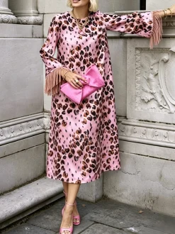 Elegant Leopard Printing Crew Neck Midi Dress
