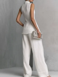 Elegant Linen Sleeveless Vest Stand Collar Asymmetrical Hem Office Wear
