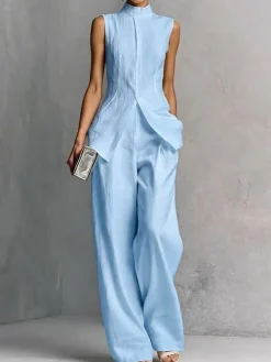 Elegant Linen Sleeveless Vest Stand Collar Asymmetrical Hem Office Wear