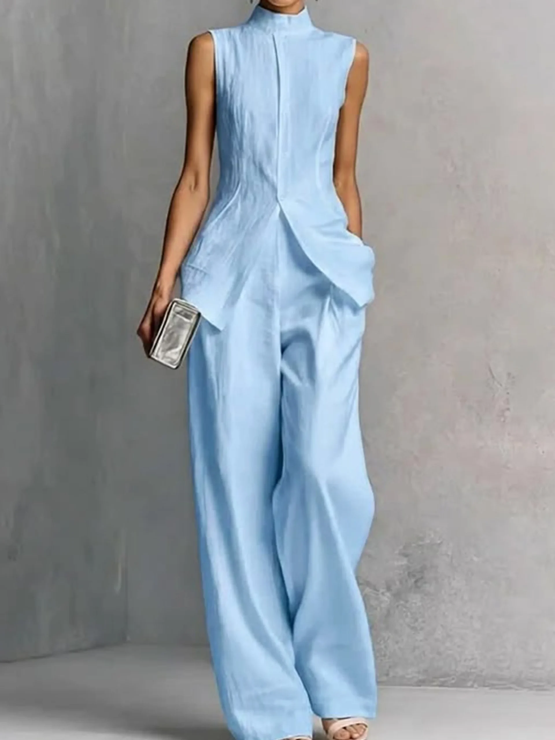 Elegant Linen Sleeveless Vest Stand Collar Asymmetrical Hem Office Wear