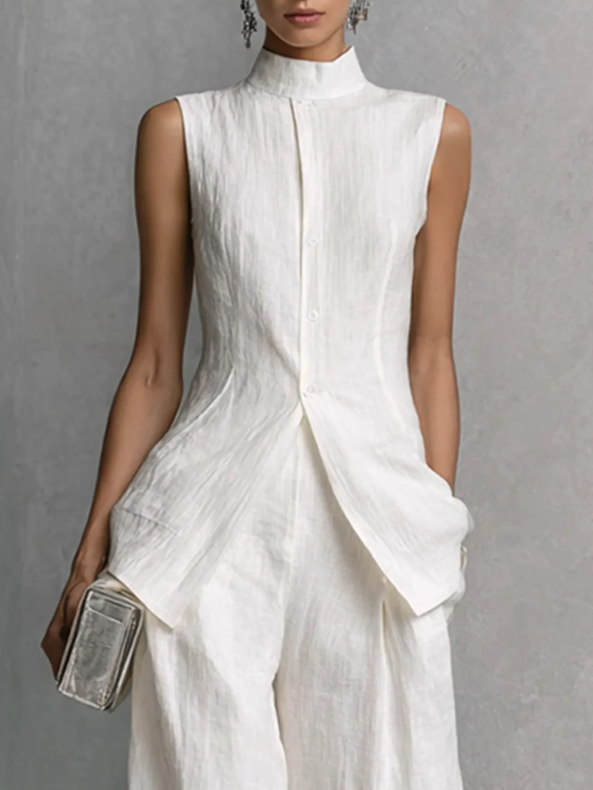 Elegant Linen Sleeveless Vest Stand Collar Asymmetrical Hem Office Wear
