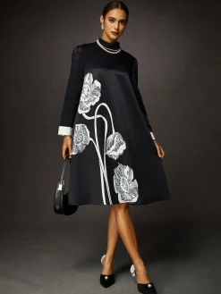 Elegant Loose Stand Collar Long Sleeve Floral Midi Dress
