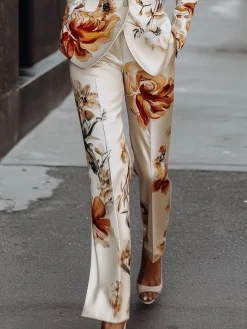 Elegant Luxury Satin Floral Straight-Leg Pants
