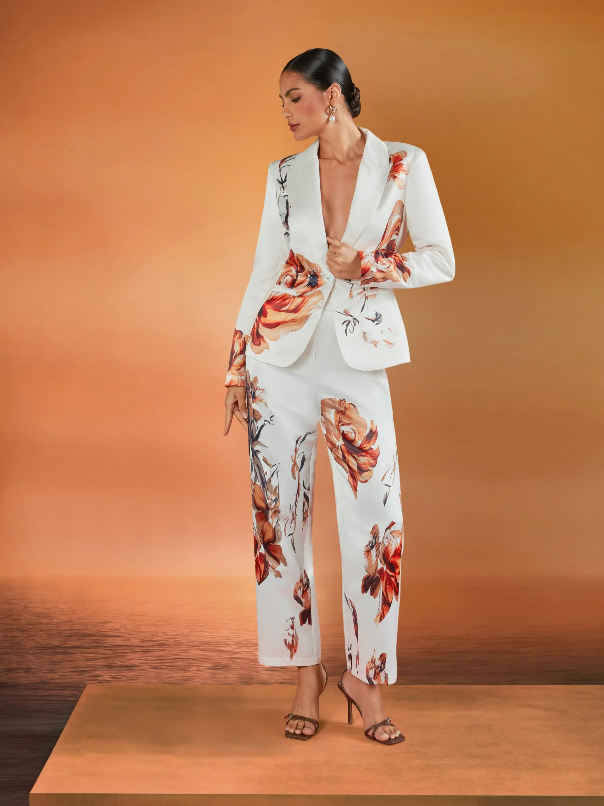 Elegant Luxury Satin Floral Statement Blazer