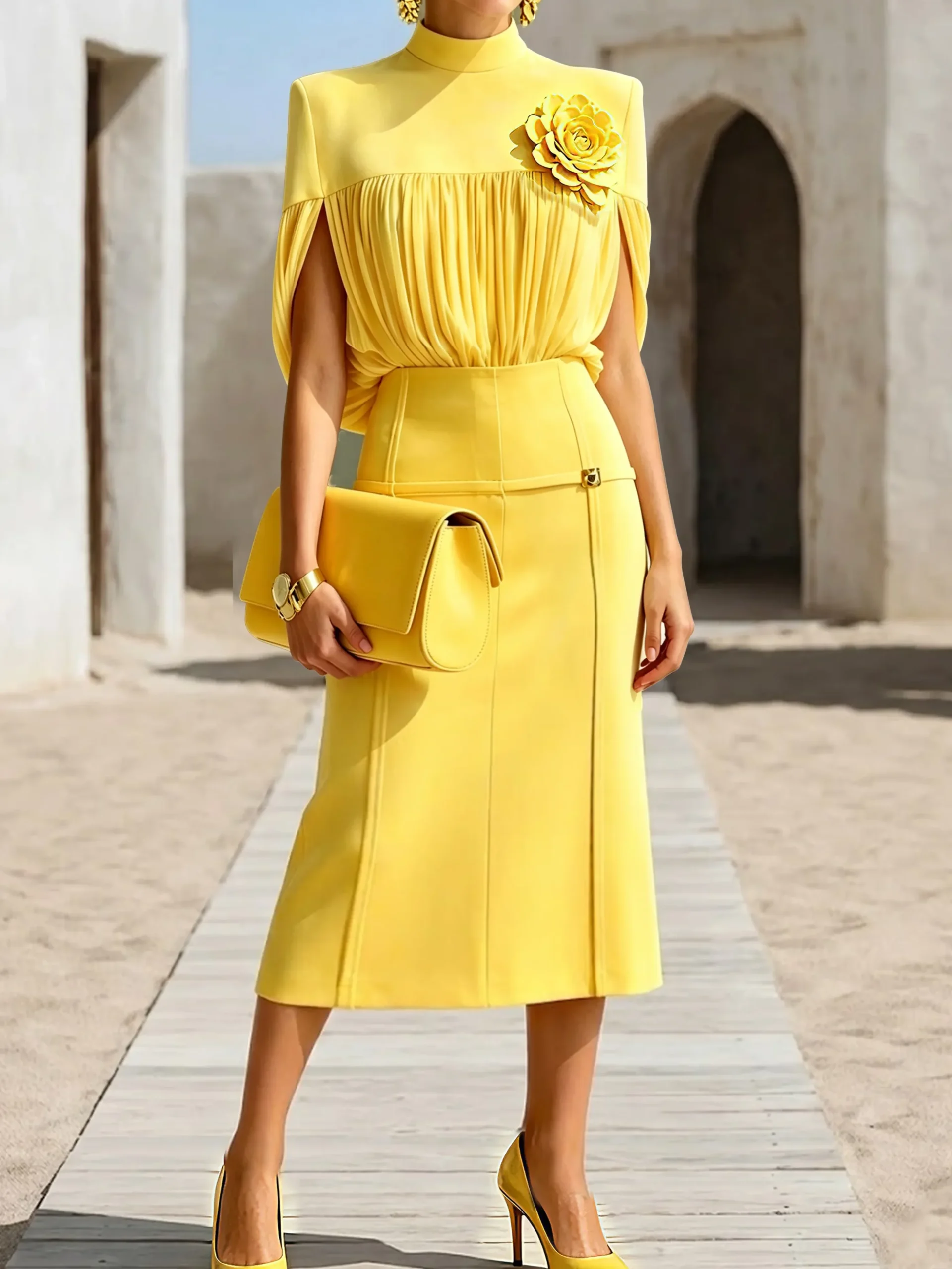 Elegant Metal Plain Midi Skirt for Gathering