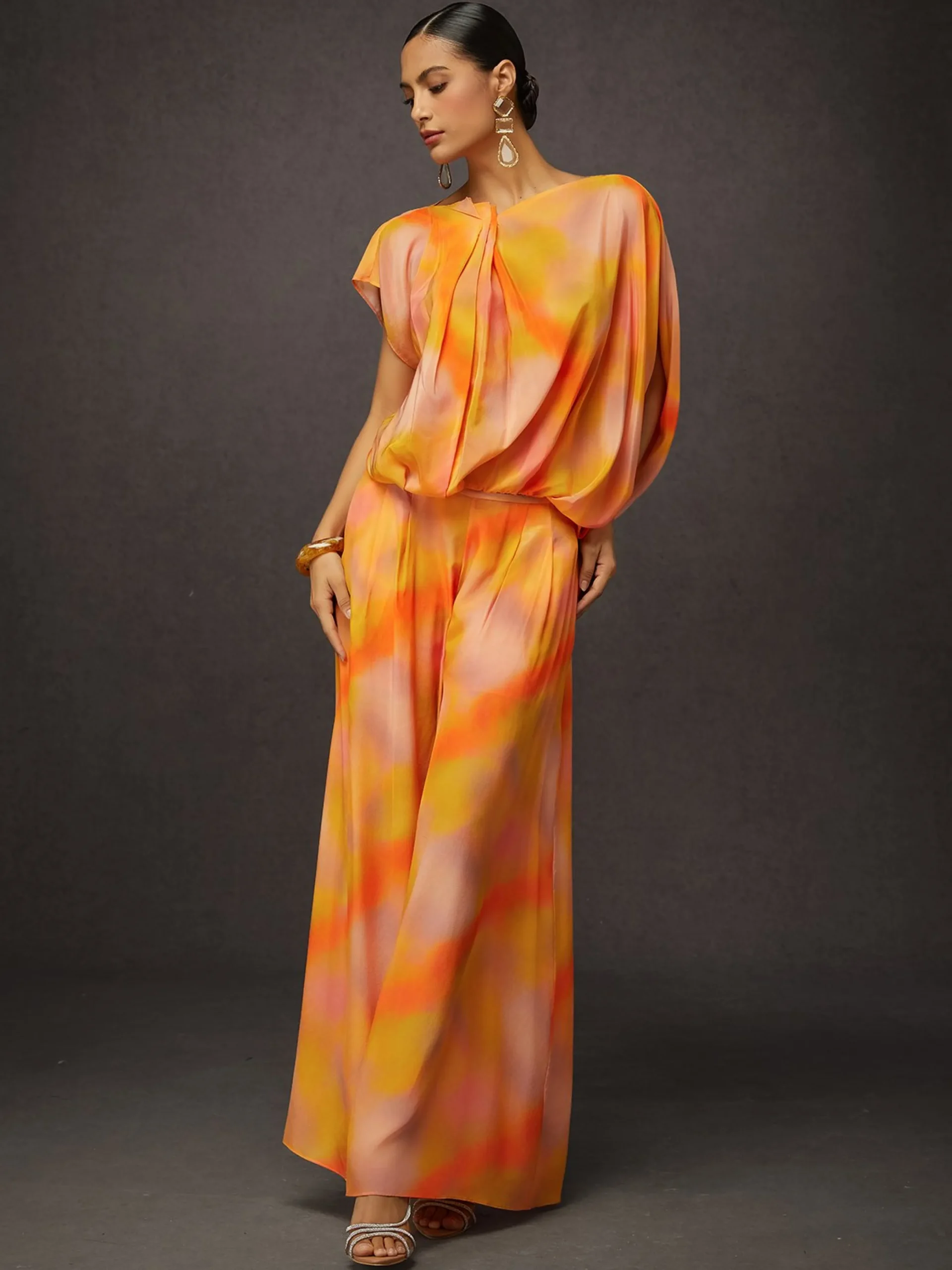 Elegant Ombre Printing Asymmetrical Raglan Sleeves Blouse