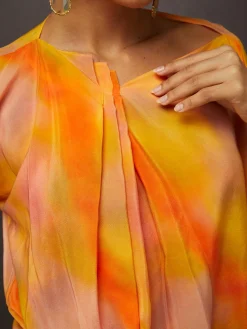 Elegant Ombre Printing Asymmetrical Raglan Sleeves Blouse
