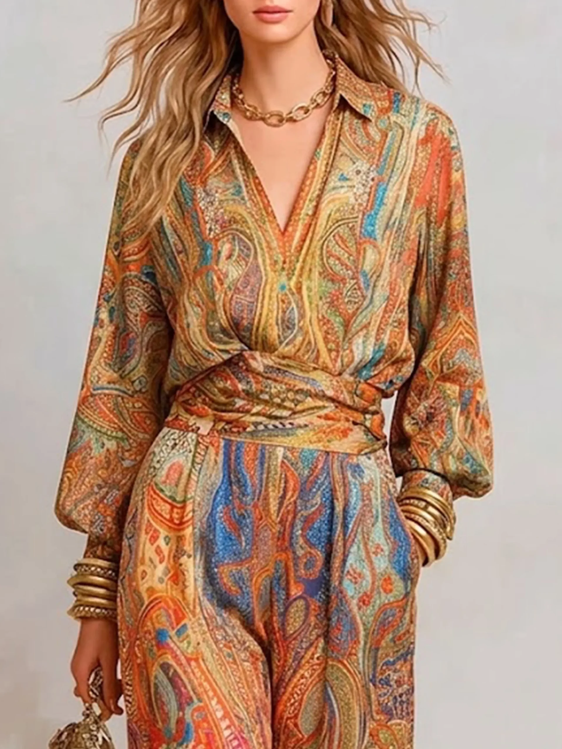 Elegant Paisley Blouse Puff Sleeve Shawl Collar Loose Vacation