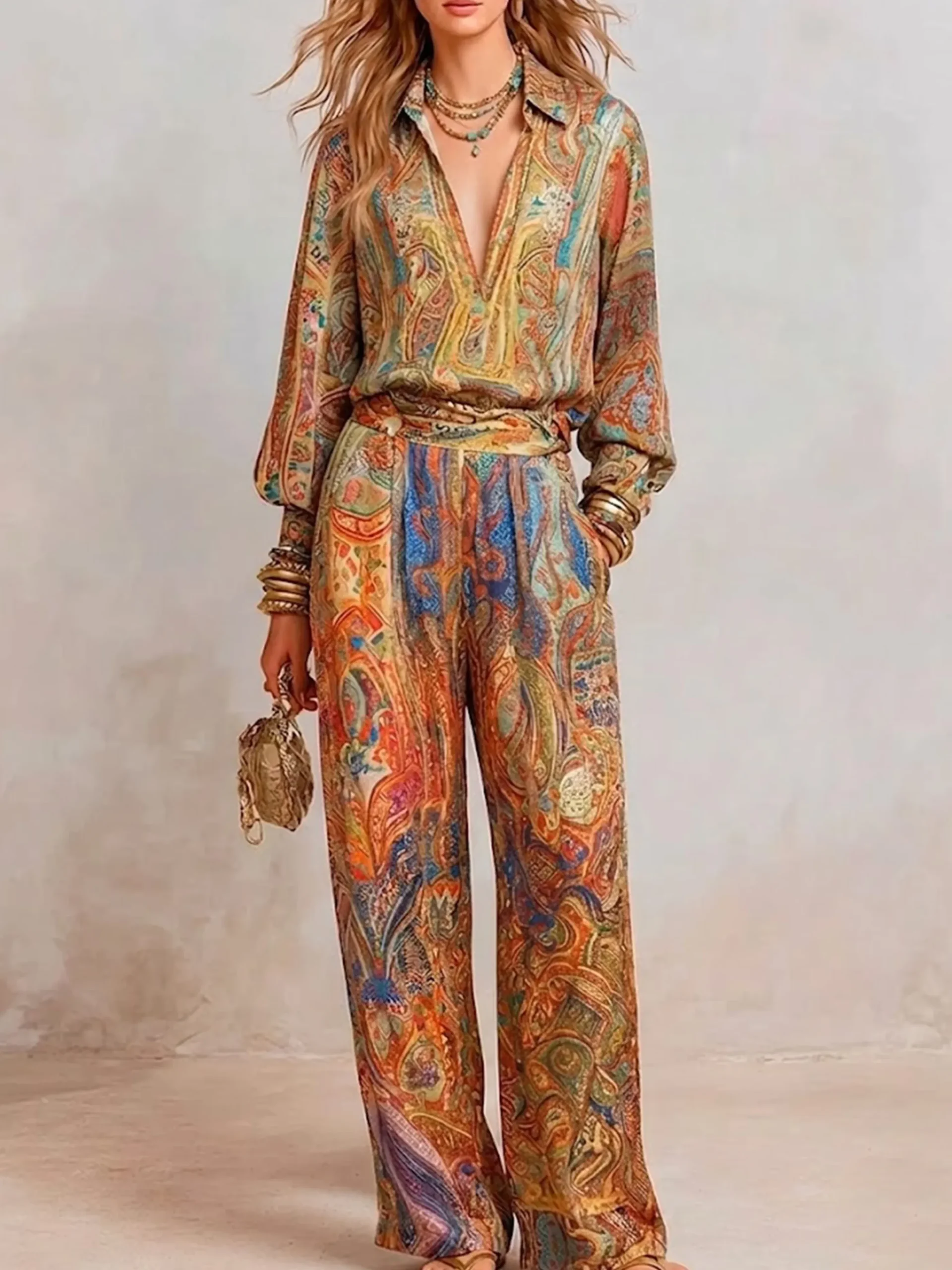Elegant Paisley Blouse Puff Sleeve Shawl Collar Loose Vacation