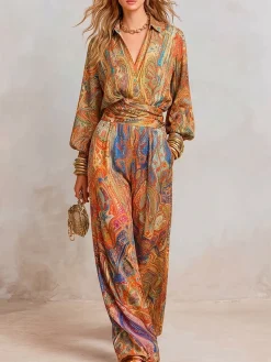 Elegant Paisley Blouse Puff Sleeve Shawl Collar Loose Vacation