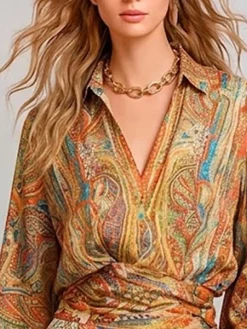Elegant Paisley Blouse Puff Sleeve Shawl Collar Loose Vacation
