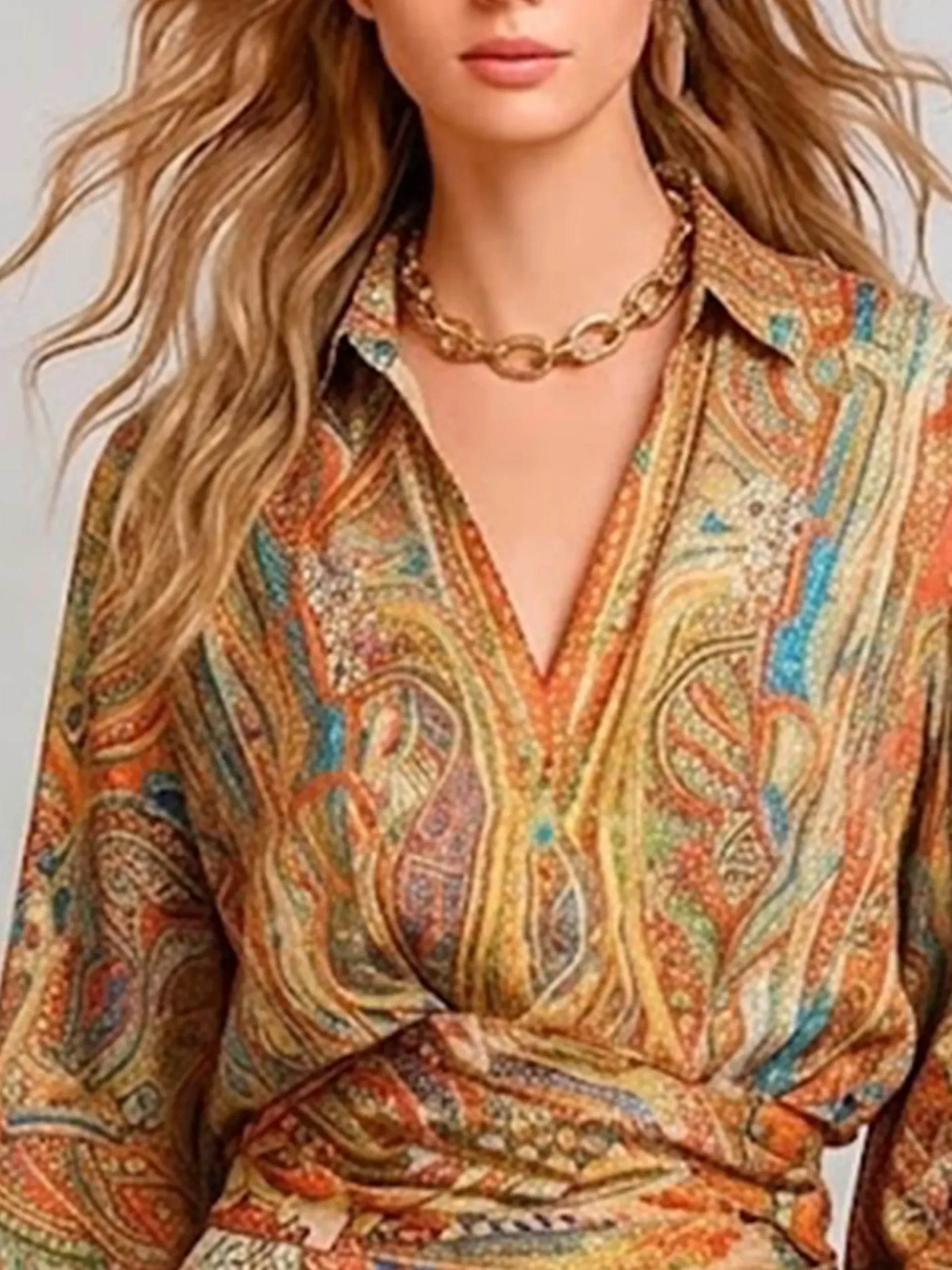Elegant Paisley Blouse Puff Sleeve Shawl Collar Loose Vacation