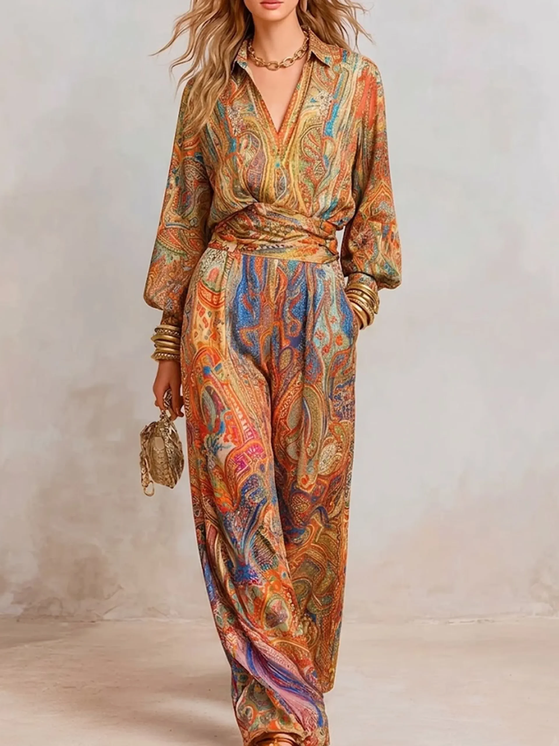 Elegant Paisley Wide Leg Pants H-Line Natural Vacation Trousers