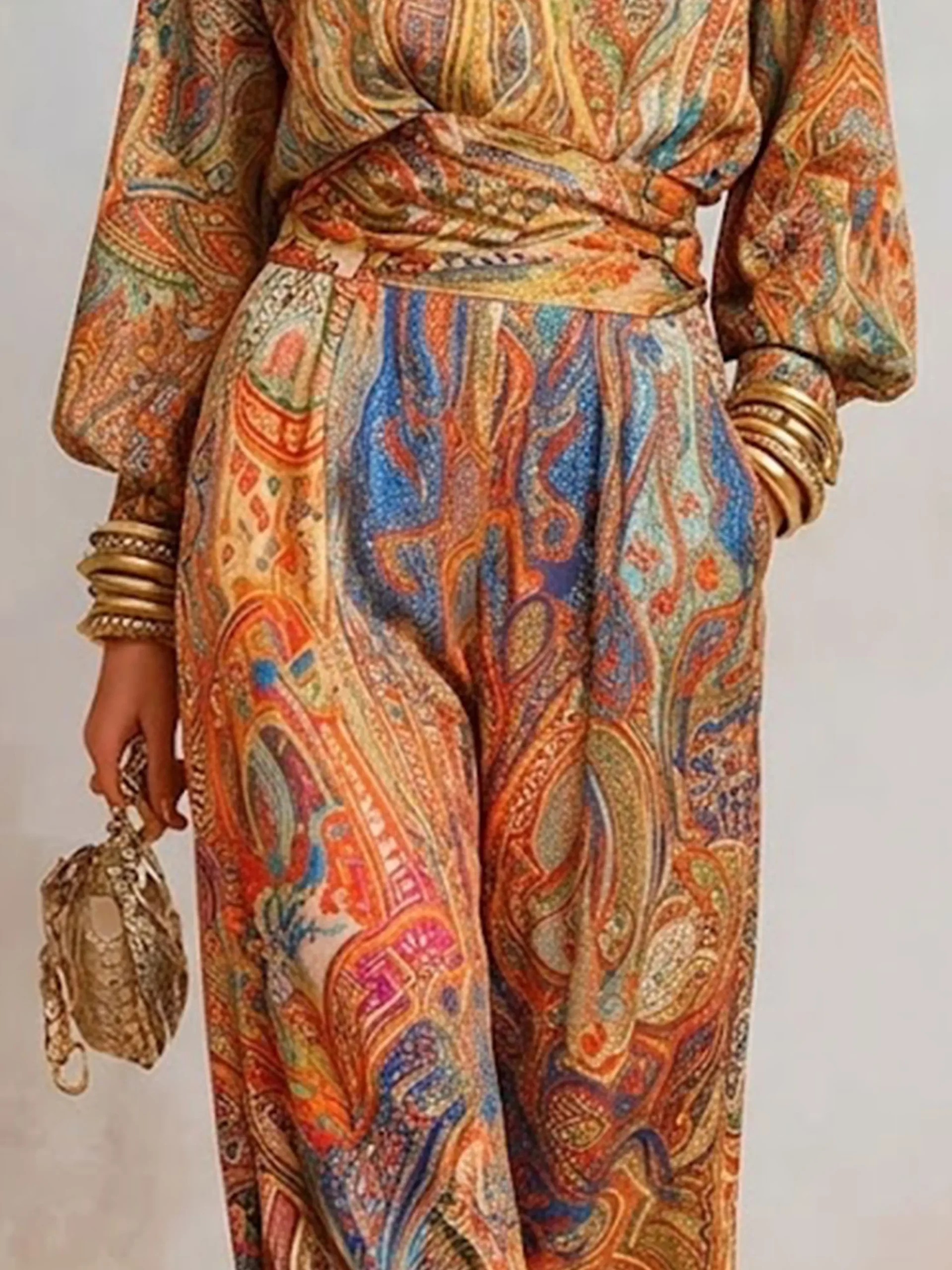 Elegant Paisley Wide Leg Pants H-Line Natural Vacation Trousers