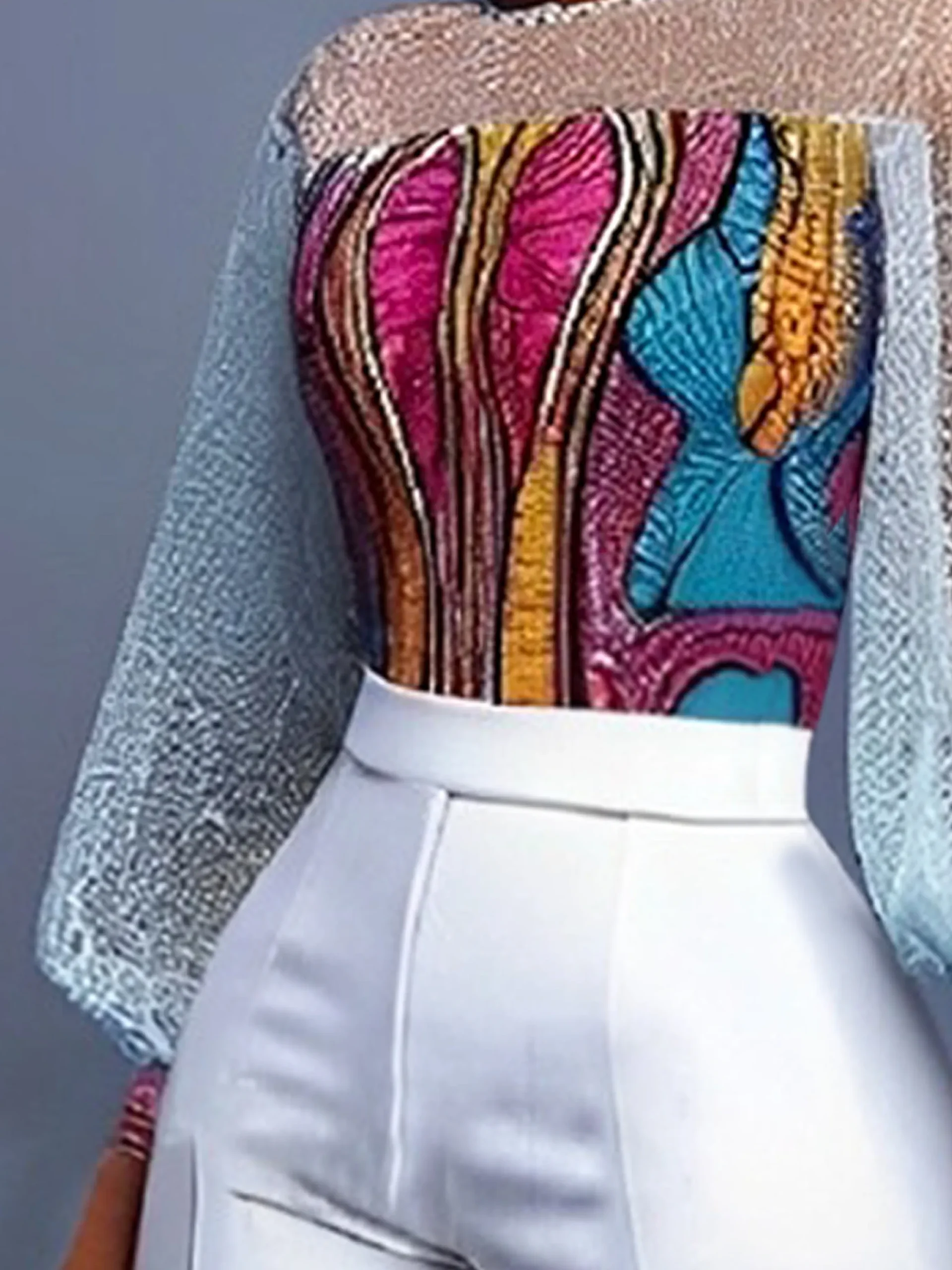 Elegant Patchwork Sheer Mesh Balloon Sleeve Blouse