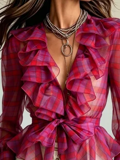Elegant Plaid Printing Lotus Leaf Collar Blouse