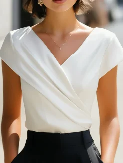 Elegant Plain Asymmetric Cross Neck T-shirt