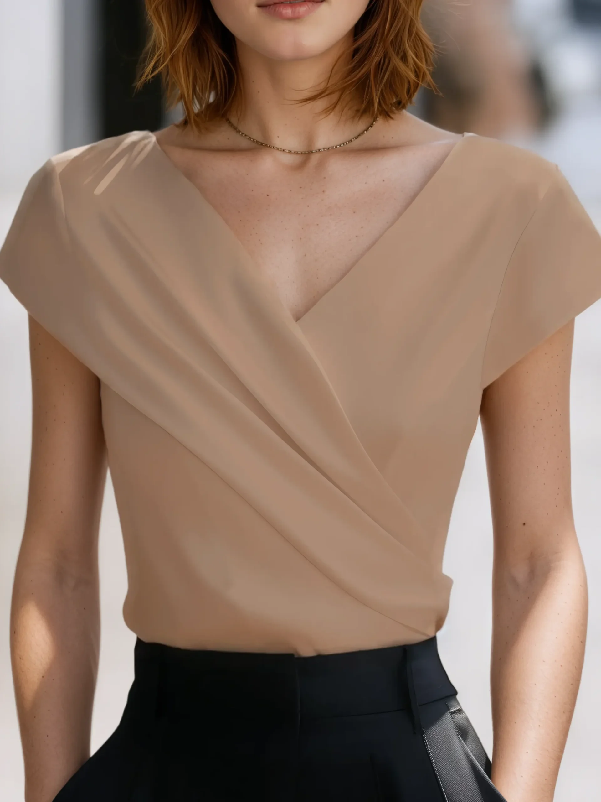 Elegant Plain Asymmetric Cross Neck T-shirt