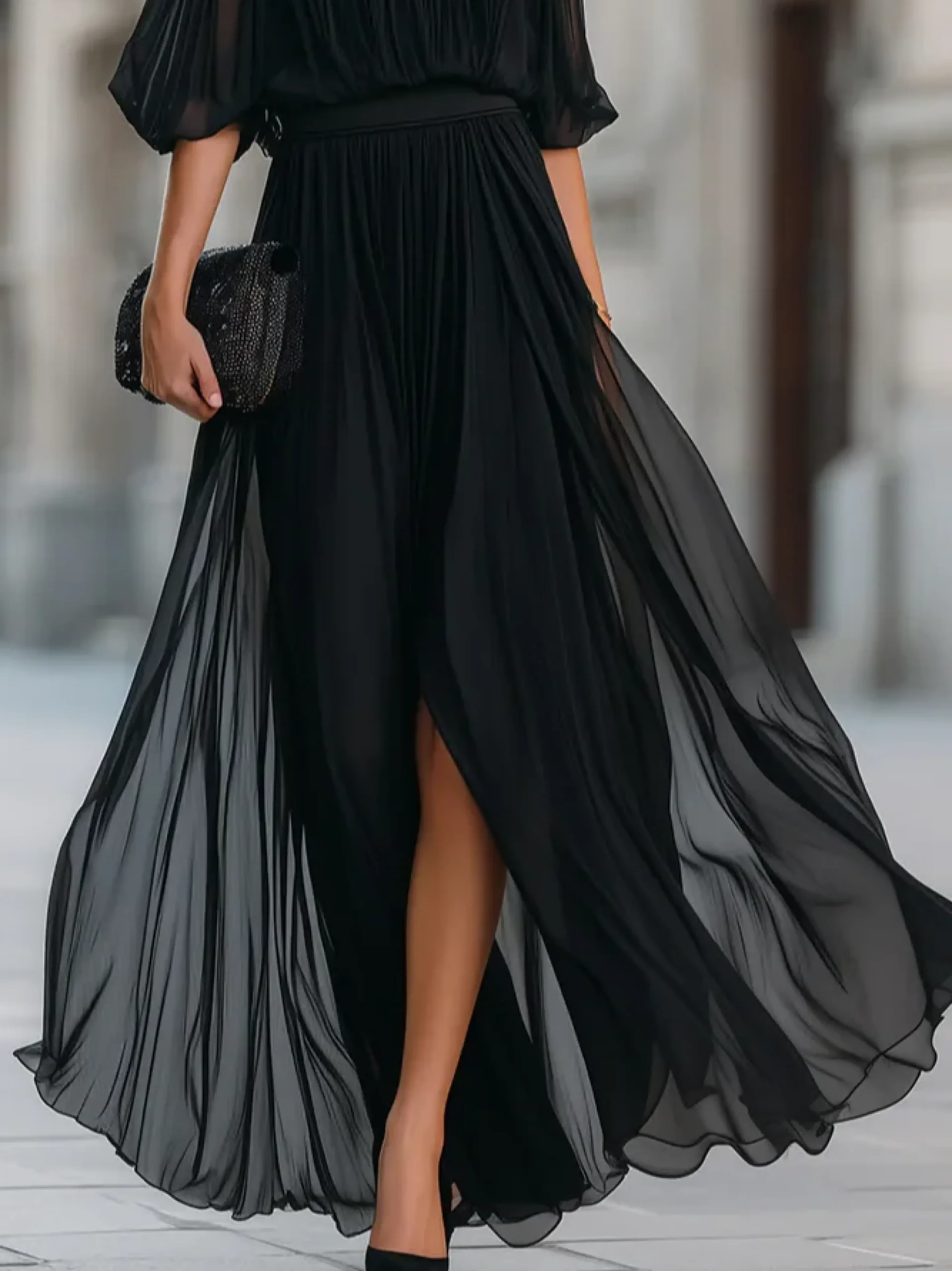 Elegant Plain Balloon Sleeve Off The Shoulder Maxi Dress