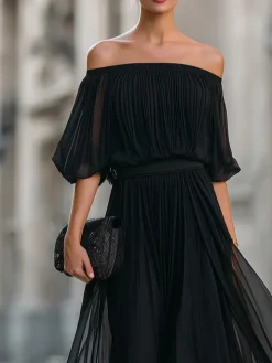 Elegant Plain Balloon Sleeve Off The Shoulder Maxi Dress